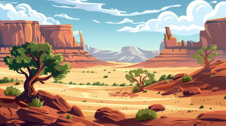 Sandstorm in western desert. Cartoon modern illustration of rocky cliff mountains, green trees, dust and smog in the air, cloudy mud sky during storm.の素材