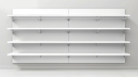 Empty white supermarket shelf mockup with racks for product display. Illustration set of realistic 3d bookcases in various views. Blank mock up of store promotion equipment.の素材