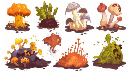 The cartoon modern illustration set shows rotten food with mold and rot. Moldy food for compost or recycling concept. Dangerous products.の素材