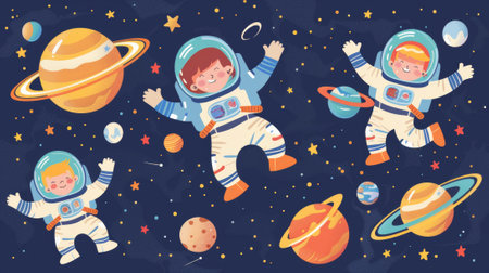 This is a cartoon modern illustration set of an astronaut boy in an astronaut suit with a helmet flying and exploring small alien planets in outer space.の素材