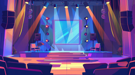 The contest and competition stage of an empty talent contest is shown as a cartoon modern with a microphone and loudspeakers on scene, a big screen, chairs of the jury, and spotlights.の素材