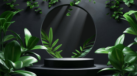 This realistic modern dark goods showcase pedestal with lamp spot light from above is placed behind an arch window hole in the wall for product display and promotional purposes.の素材