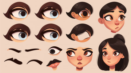 Face construction kit for female characters. Cartoon modern illustrations of eye brows, noses, lips, haircuts, with a head generator of a woman.の素材