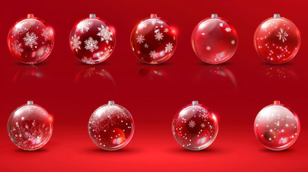 An empty xmas crystal sphere with twinkling lights on a red background. A realistic modern illustration set of transparent balls.の素材