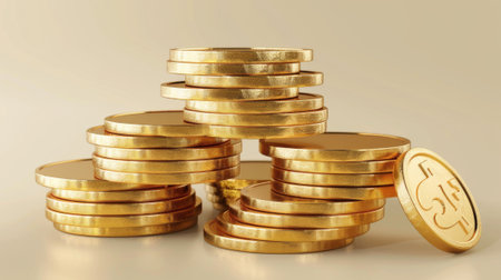 Gold coin stack of different sizes. Realistic 3d modern golden metal money in pile. Financial and bank game or casino cash treasure. Heap of empty circular currency for profit and wealth.の素材