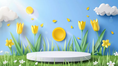 An origami nature backdrop with realistic modern tulip flowers and leaves. A realistic modern origami nature backdrop with a cylinder display platform.の素材