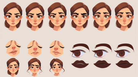 Face construction kit for women with different forms of eyes and brows, nose and lips, and haircut for animation. Cartoon modern illustration set of female character avatars.の素材