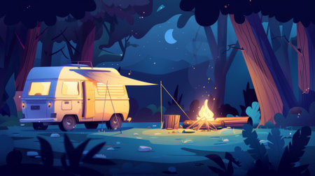 The cartoon depicts an outdoor camping scene with a caravan for relaxing and traveling in the night with a camper van, tent, and open door standing in the forest with logs in the bonfire pit andの素材