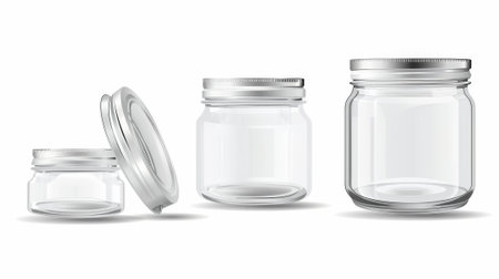Detailed modern illustration of an empty glass jar with screw-on lid. A realistic modern illustration set of transparent clear open and close containers with silver caps for food storage and canning.の素材