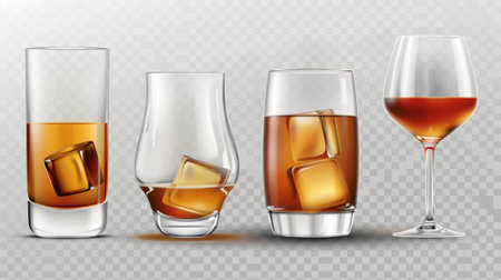 Various types of cocktail glasses for water or alcohol drinks. A realistic modern illustration set of empty transparent glassware for whiskey or liquor drinks. A glossy kitchen or restaurantの素材