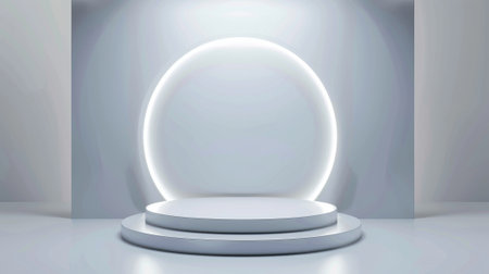 The podium of a futuristic design studio stands on a white light circle background with an illusion of halo lighting effect on its wall. Modern realistic illustration of cylinder shape stage set in aの素材