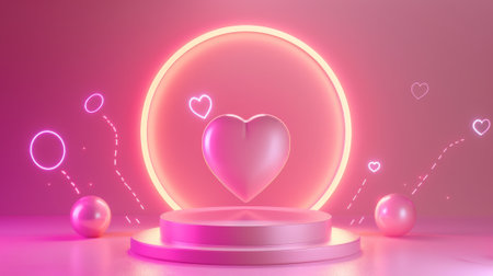 The pink heart shaped product podium with the neon glowing circle and floating love symbols is set against a gradient background. A realistic modern illustration of a minimal goods display platformの素材