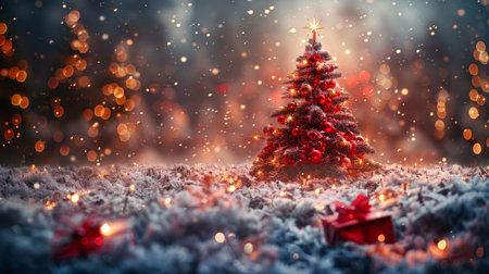 Winter Abstract Landscape With Christmas Tree And Gift Boxes On Snow In Night With Shiny Starsの素材
