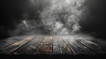 In the dark, a wood table is covered in smoke and mist - an abstract and defocused Halloween backdropの素材