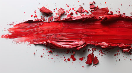 Smudge swatch of lipstick isolated on white background. Cream makeup texture. Bright red color cosmetic brush stroke sample.の素材