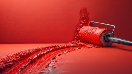 Decorative roller brush with red paint track mockup. You can use this for decorating and renovatingの素材