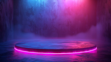 Digital futuristic stage with light on a blue background. Technological platform for product presentation. Modern illustration of cyberpunk arena.の素材
