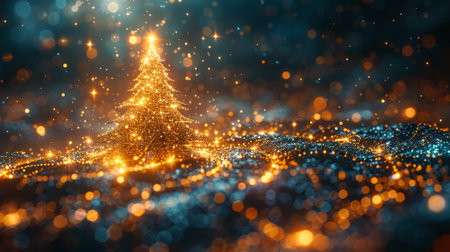Digital tree in a futuristic style. Abstract card with Happy New Year greetings. Tree as a light effect for understanding cyber technology.の素材