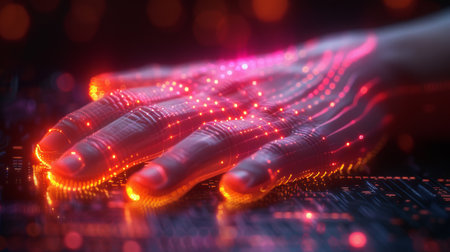 Ð¡Click here to see hand gestures in a digital futuristic style on transparent background. Neon icon of hand movements on the touch screen. Modern illustration of touch effects in neon light.の素材