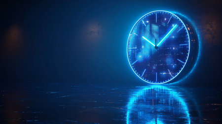 Luminous clock silhouette in digital futuristic style. Modern illustration featuring laser blue neon clock for background.の素材