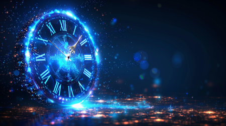 This is a creative illustration showing a clock light effect in a digital futuristic style. The glowing silhouette of a clock is a symbol for the passage of time.の素材