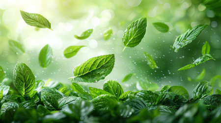 An organic herbal tea with an air flow effect decorated with fresh leaves. The air flow has a menthol aroma that can be used in cleaners and fresheners. Modern illustration.の素材