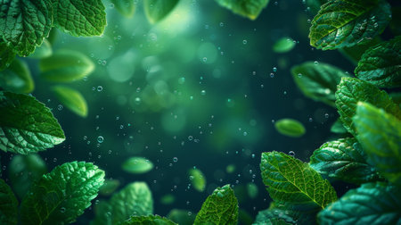 Air flow effects with fresh and mint bubbles. Circular orbit with menthol leaf bubbles. Splash of flying mint leaves to give menthol flavor to cool drinks. Modern illustration.の素材