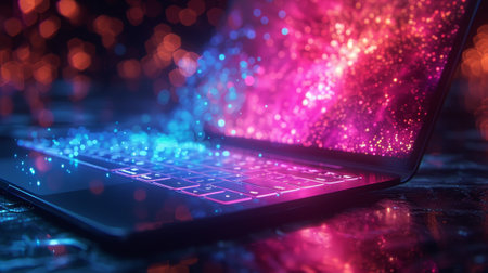 Graphik illustration of a laptop concept for learning online in futuristic style with light effect coming from it.の素材