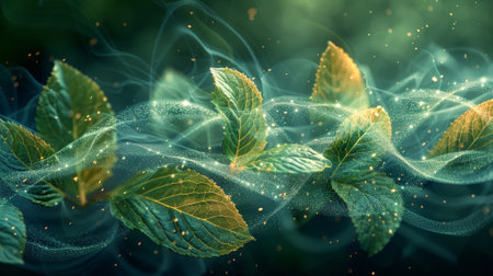 Fresh air flow modern elements. Abstract light effect blowing from an air conditioner, purifier or humidifier. Dynamic blurred wave motion with mint leaves. Concept of freshness.の素材