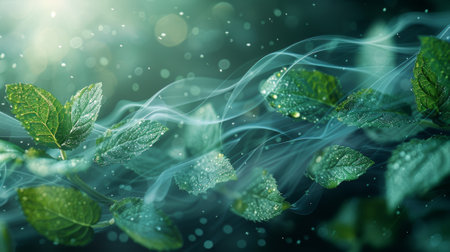 An abstract air blowing effect with a blurred wave motion with mint leaves. Concept of freshness.の素材