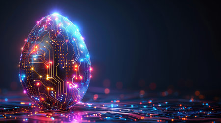 A digital modern illustration featuring a glossy Easter egg with a circuit board texture in a tech futuristic style.の素材