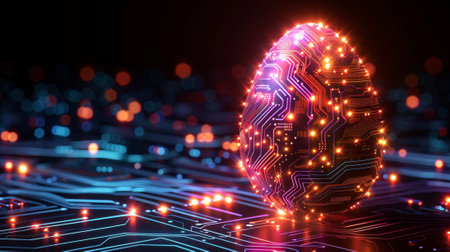 An Easter egg illustration with a futuristic technology theme. An abstract 3D egg texture with a circuit board pattern. Glowing digital modern illustration.の素材