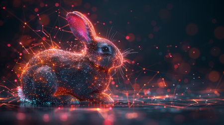 An easter background with a bunny and Easter egg. Futuristic modern illustration with light effects.の素材