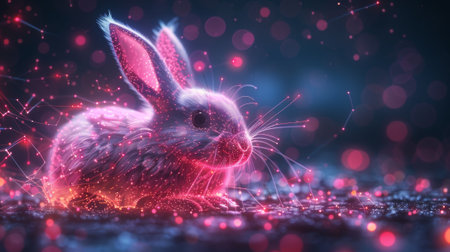 An easter greeting card design with a bunny and an easter egg in a digital tech style. Futuristic modern illustration with a light effect.の素材
