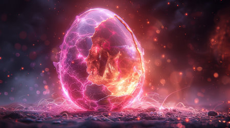 An illustration in modern form depicting the birth of a broken egg. Lights emanating from the crack of the egg.の素材