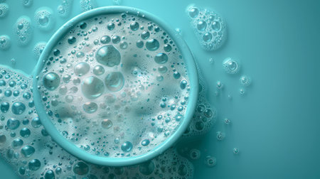 An illustration of soapy water with a soap foam bubble in a circle top view. A podium for detergent and the texture of soapy water. A bubble shield for protection.の素材