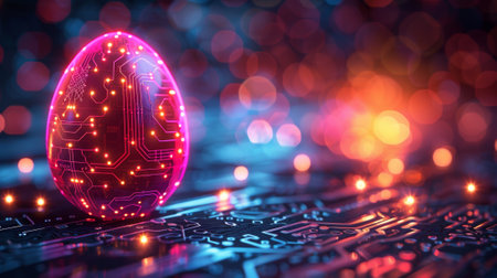 Graphite Easter banner with egg with circuit board pattern. Background in a technological style.の素材