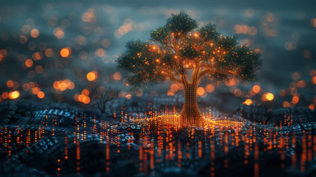 Tree with capital, investment or stock market concept on a futuristic polygonal graph with numbers. Modern illustration with light effects.の素材