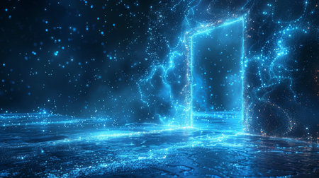 The open door is at the end of a path on a futuristic science fiction concept doorway. The door is decorated with a polygonal wireframe glowing style. Modern illustration on a blue background.の素材