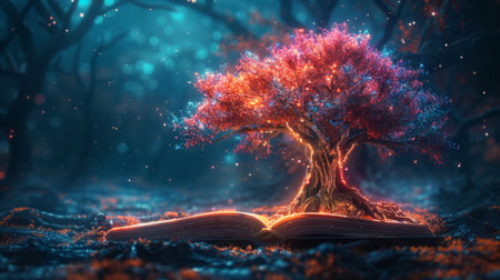 Digital illustration of knowledge of books in a futuristic style. The tree symbolizes the environment or laws from a book.の素材