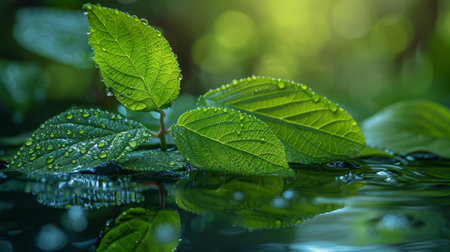 Water over fresh green leavesの素材