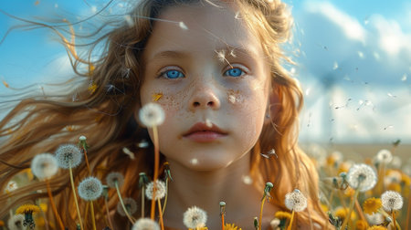 Dandelions are blown by windmills as a little girl stands in front of themの素材