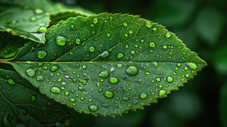A green leaf with drops of waterの素材