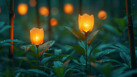 An illustration of two economic lamps sitting on top of green canes in the shape of flowersの素材