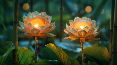 Featuring two economic lamps atop green canes as flowersの素材