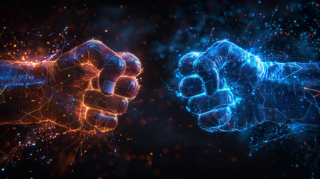 Fists clash. Geometric polygon wireframe style. Competition or rivalry or teamwork. Starry sky or constellation fist. Abstract fists isolated on blue background. Plexus lines and points.の素材