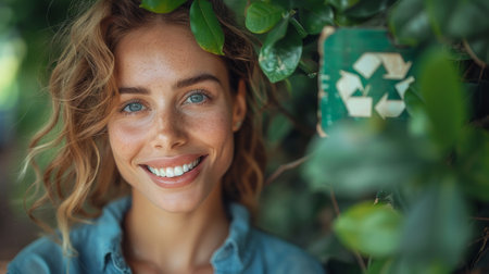 A happy smiling young woman in turquoise shirt looks through a recycling sign over a natural green background depicting the concept of eco-living, environment, and sustainabilityの素材