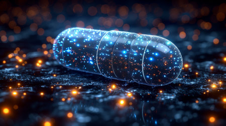 Wireframe illustration of a medication, pill, or capsule. Abstract illustration on dark background. Particles are connected in a geometric pattern.の素材