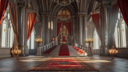 An ornamental hall with a golden throne on a pedestal, red carpets, and wall curtains, hanging flags, stone columns, chandeliers, large windows, and candles in holders.の素材