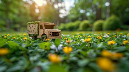Truck cutting paper on green grass background, Earth Day concept with copy space, springtime, background silhouette delivery e-commerce transport save energy, sustain ecology concept panoramic bannerの素材